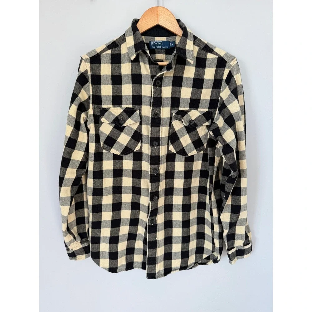 Polo Ralph Lauren Mens Flannel Shirt Buffalo Plaid Cream Black Button Down Large